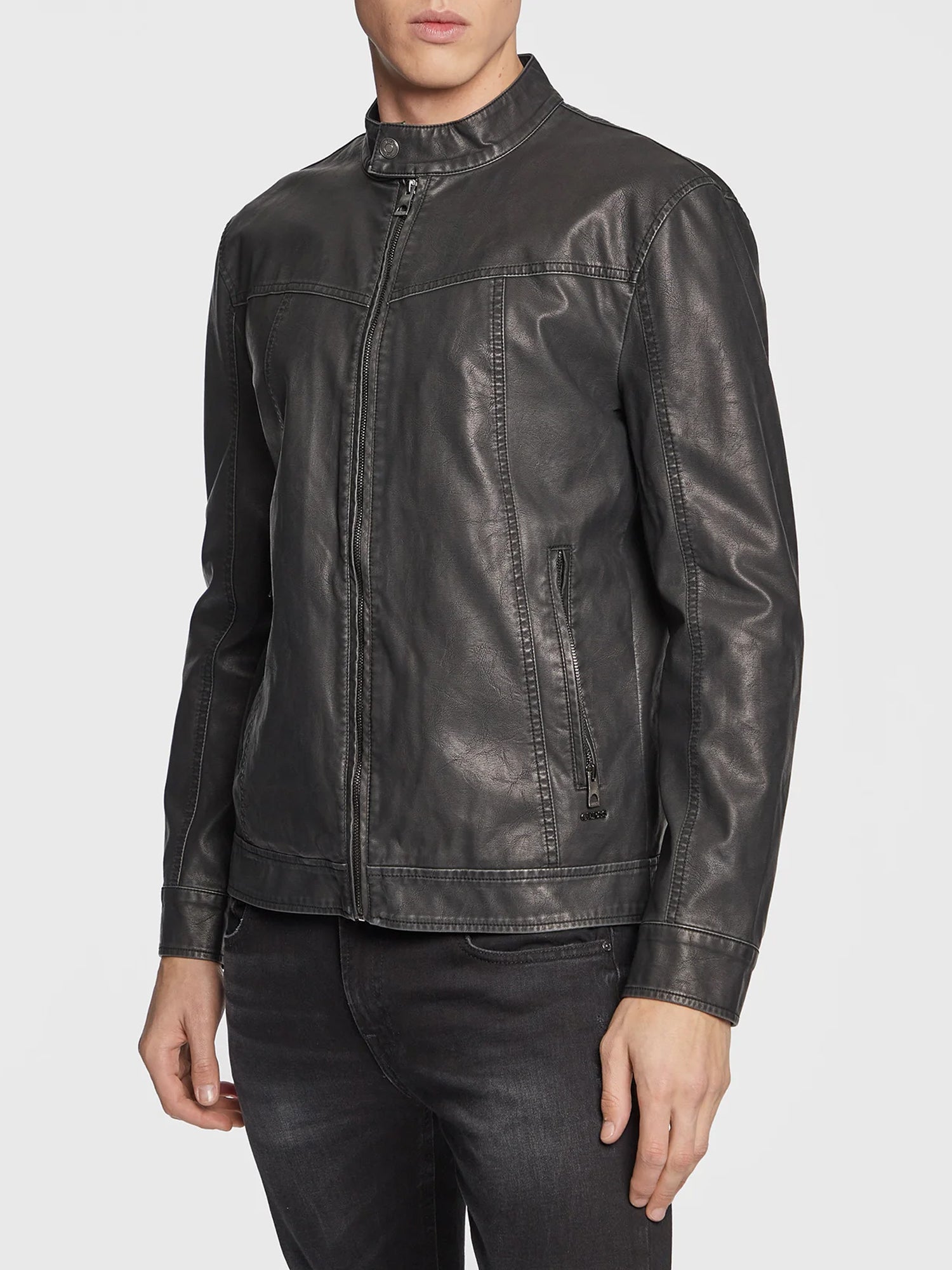 GUESS JEANS GIACCA BIKER IN SIMILPELLE NERO