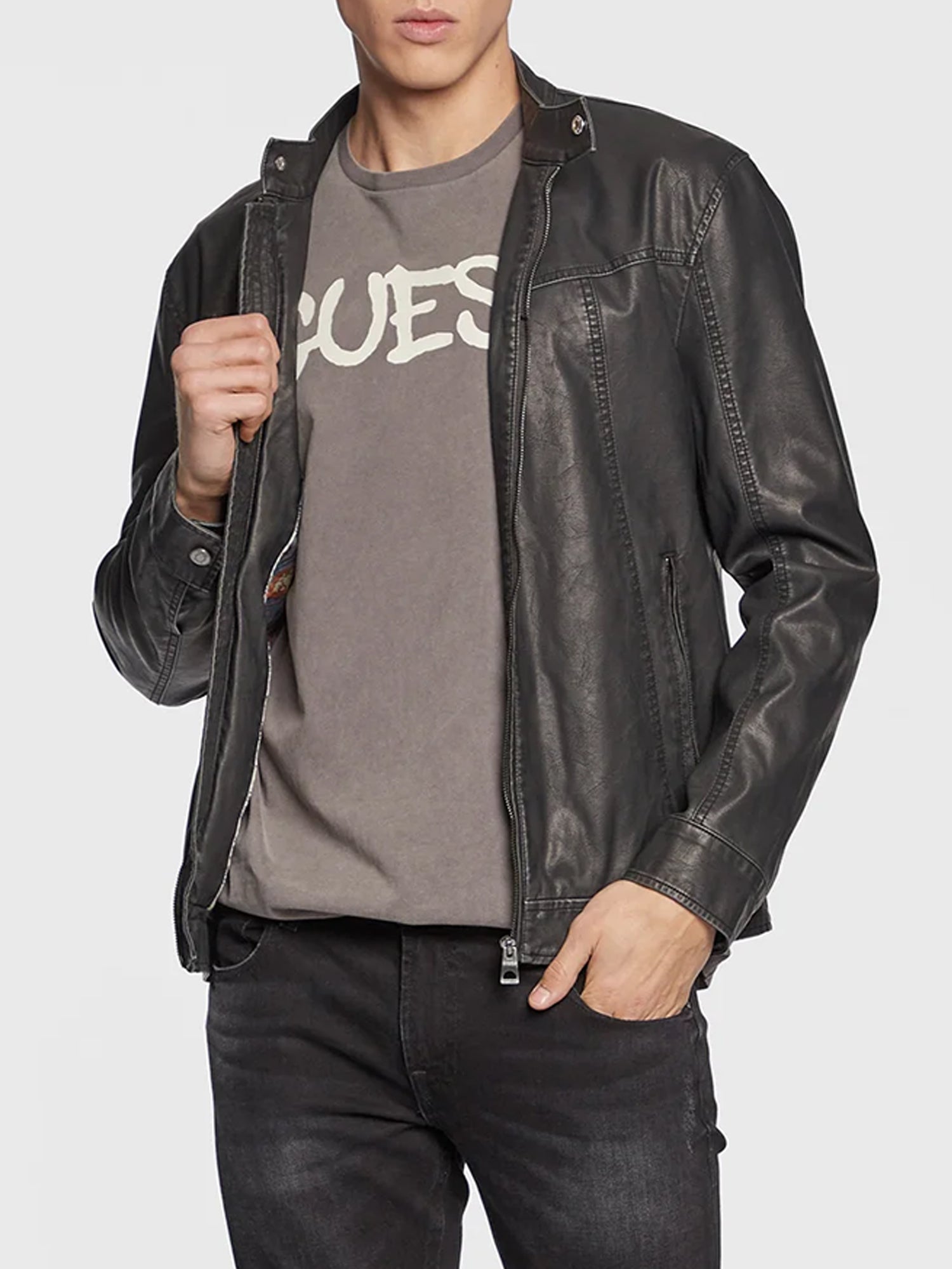 GUESS JEANS GIACCA BIKER IN SIMILPELLE NERO