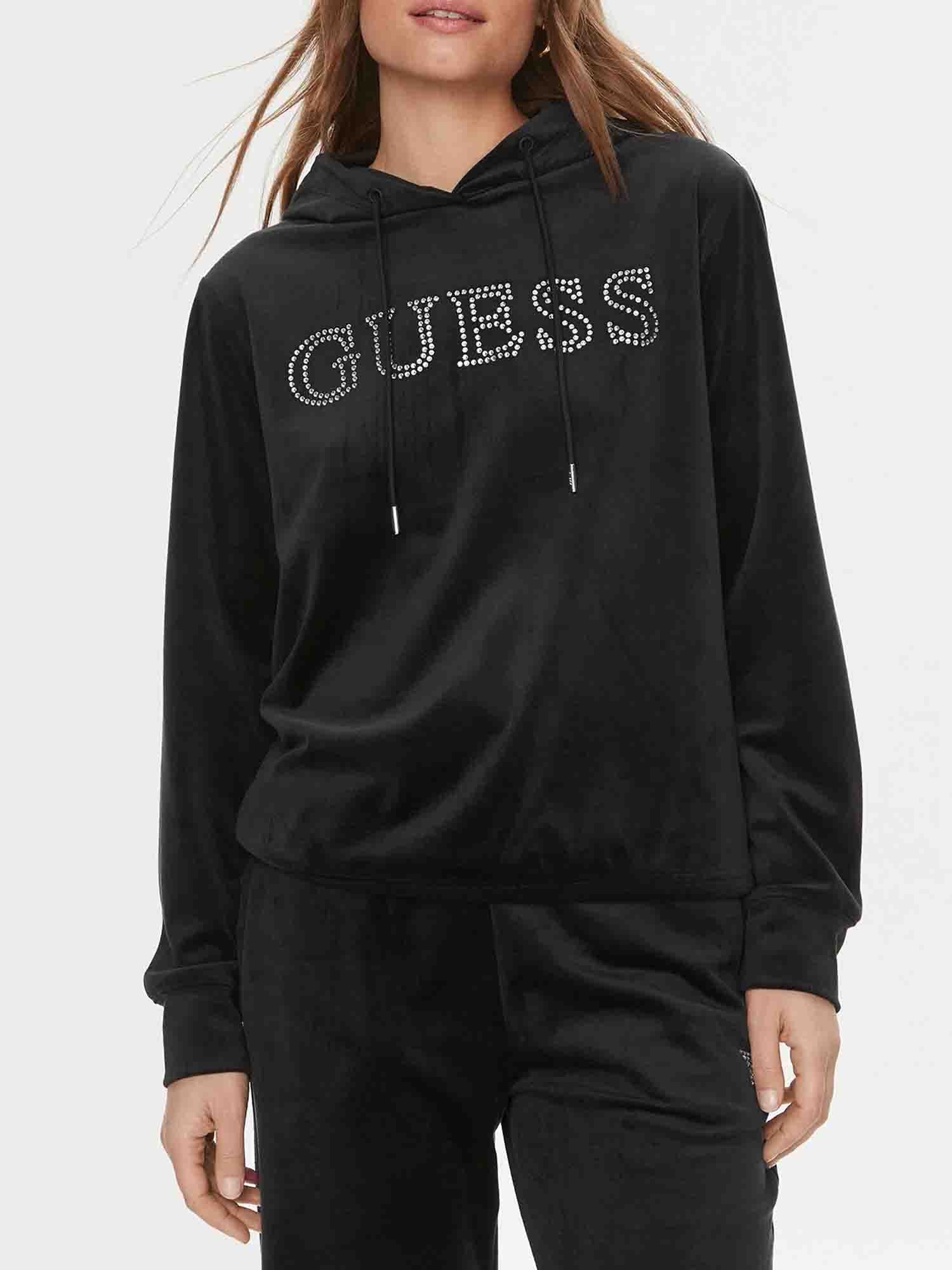 GUESS JEANS FELPA CON LOGO STRASS NERO