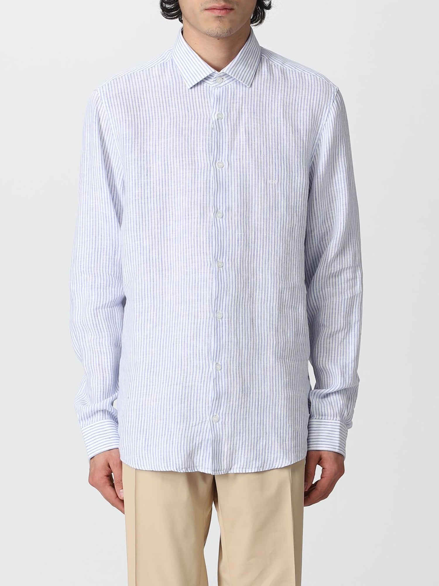 CALVIN KLEIN CAMICIA LINEN STRIPE BLU-BIANCO