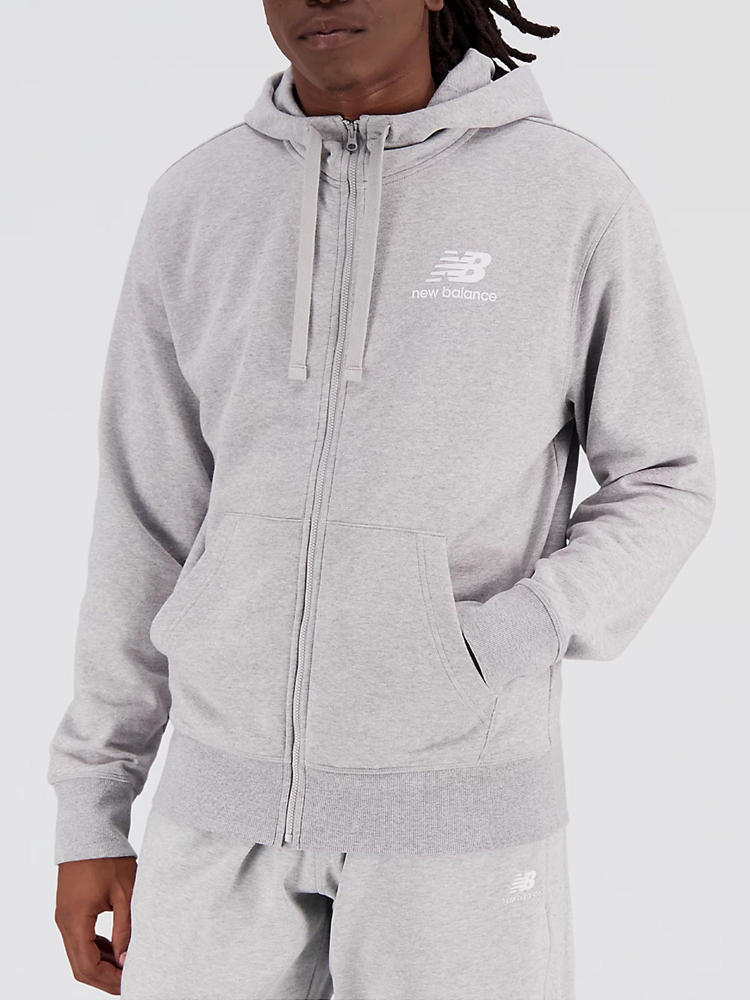 NEW BALANCE FELPA FULL ZIP CON CAPPUCCIO ESSENTIALS STACKED GRIGIO