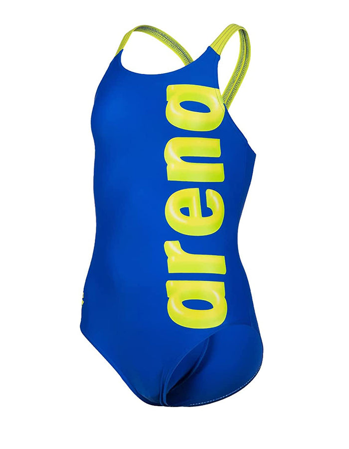 ARENA COSTUME GIRL'S SWIMSUIT V BACK GRAPHIC NEON BLU ROYAL