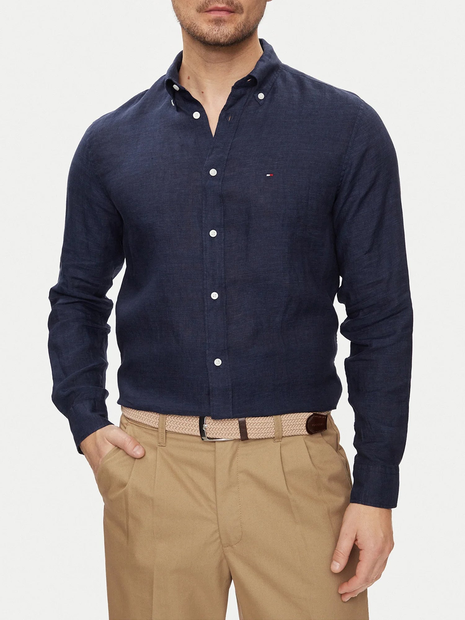 TOMMY HILFIGER CAMICIA IN LINO BLU SCURO