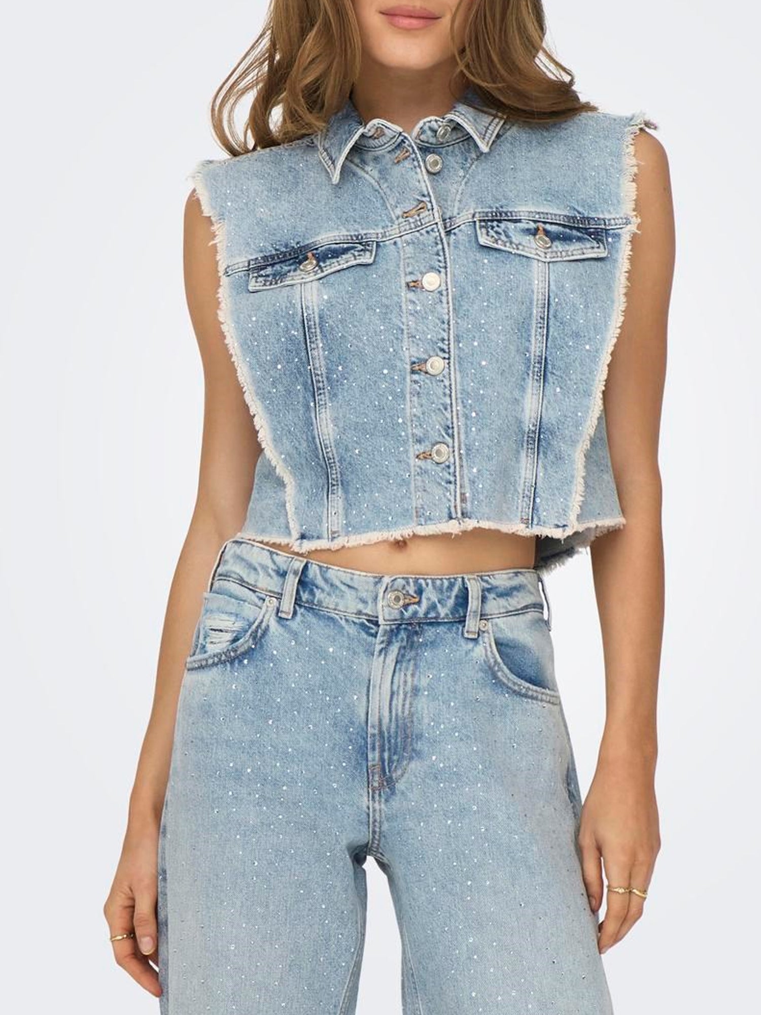 ONLY GILET CROP DI JEANS COBAIN IN DENIM BLU