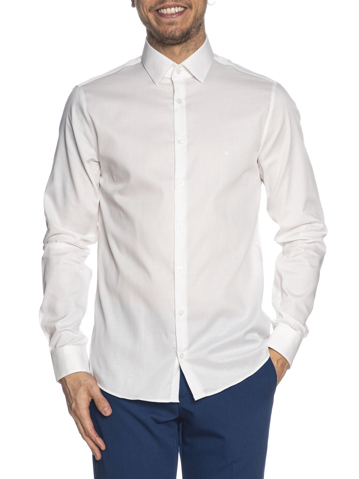 CALVIN KLEIN CAMICIA COLLAR DOBBY BIANCO