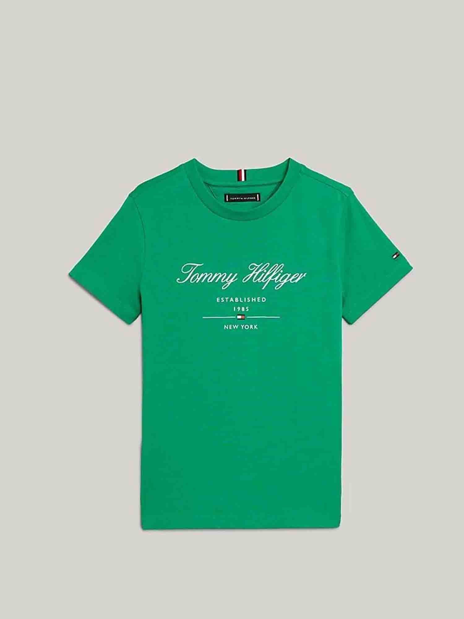 TOMMY HILFIGER T-SHIRT LOGO CORSIVO DA RAGAZZO VERDE OLIMPICO