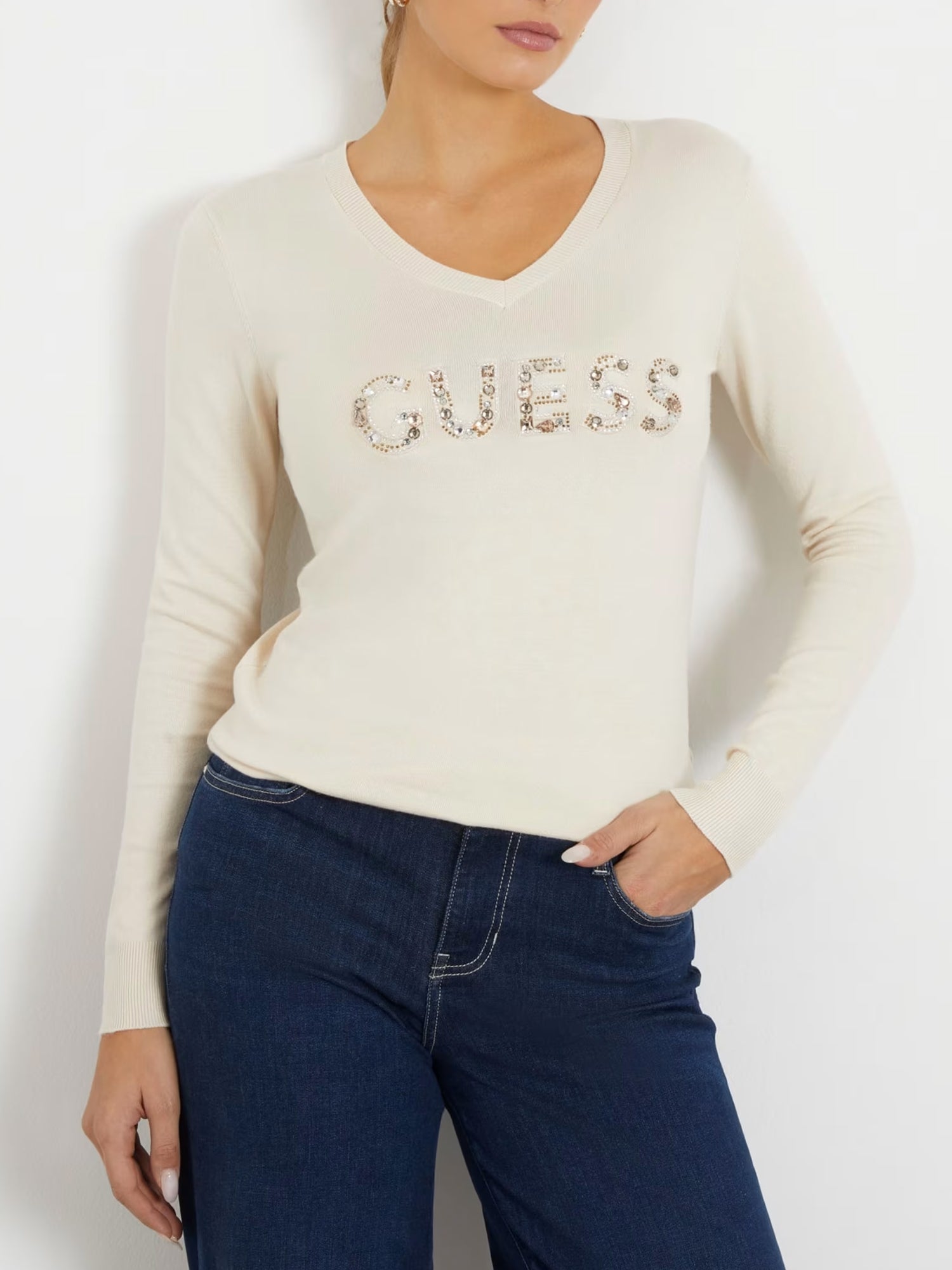 GUESS JEANS MAGLIONE HAILEY LOGO BEIGE