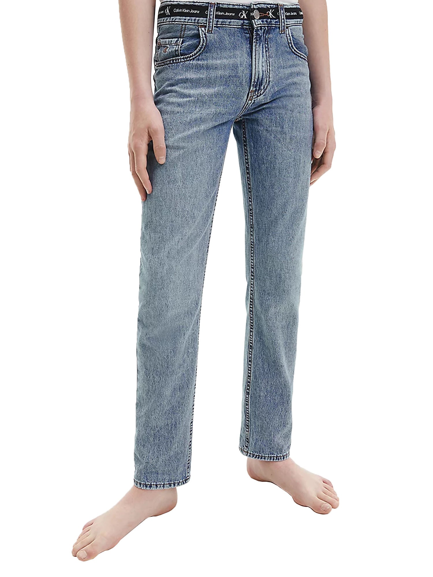 CALVIN KLEIN JEANS REGULAR STRAIGHT LOGO TAPE IN DENIM BLU