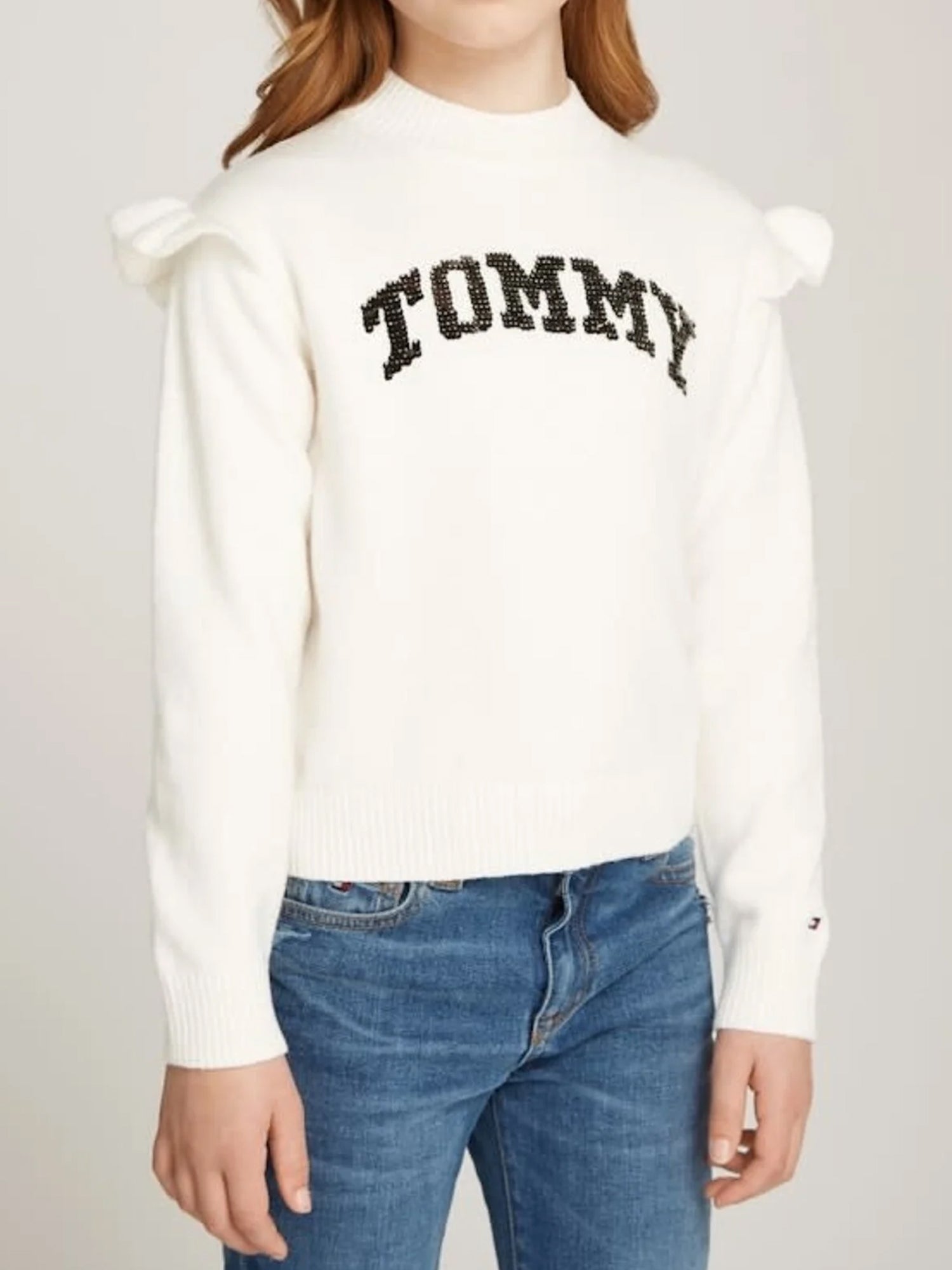 TOMMY HILFIGER KIDS PULLOVER VARSITY CON LOGO IN PAILLETTES BIANCO