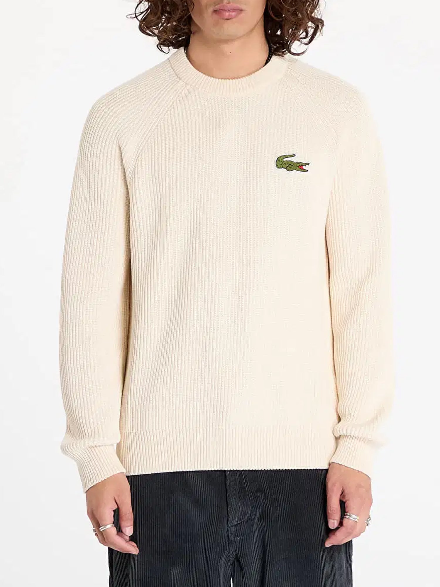 LACOSTE MAGLIONE GIROCOLLO IN COTONE A COSTINE BIANCO SPORCO