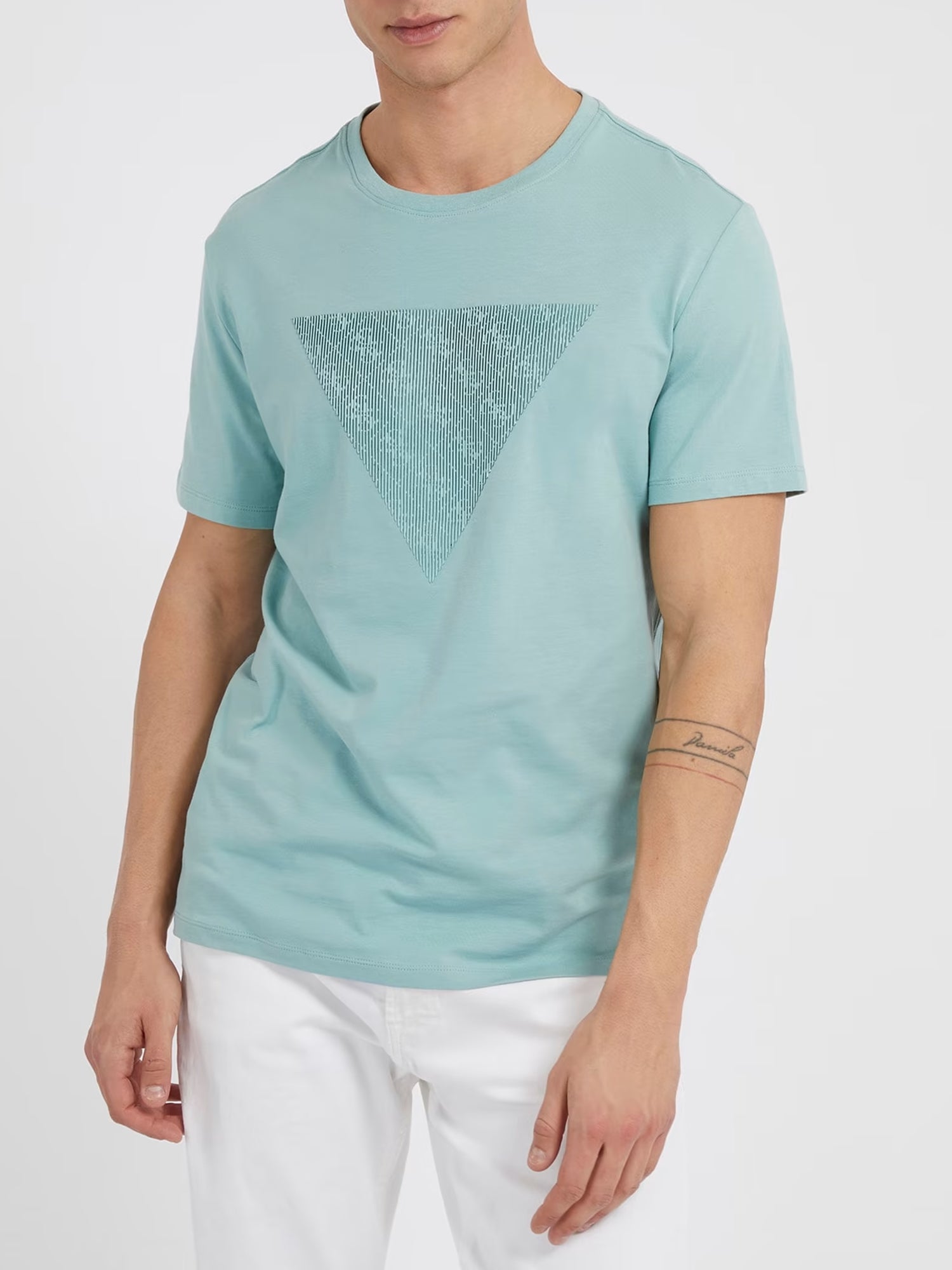 GUESS JEANS T-SHIRT MANICHE CORTE SHINY GEL TRIANGLE AZZURRO