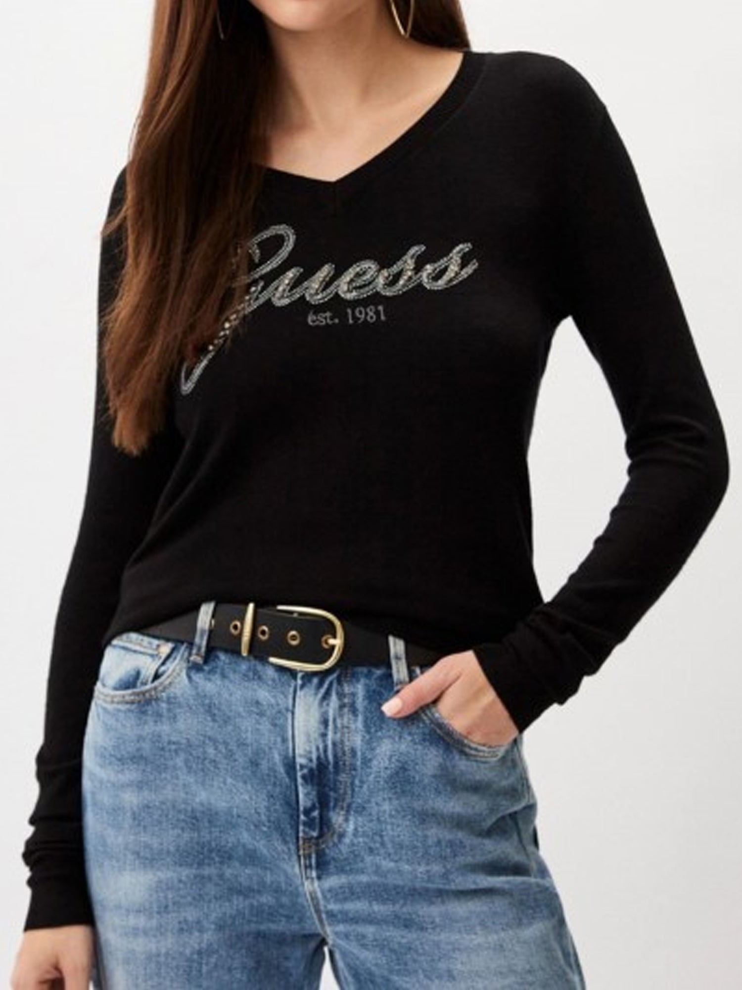 GUESS JEANS SAIGE MAGLIONE SCOLLO A V NERO