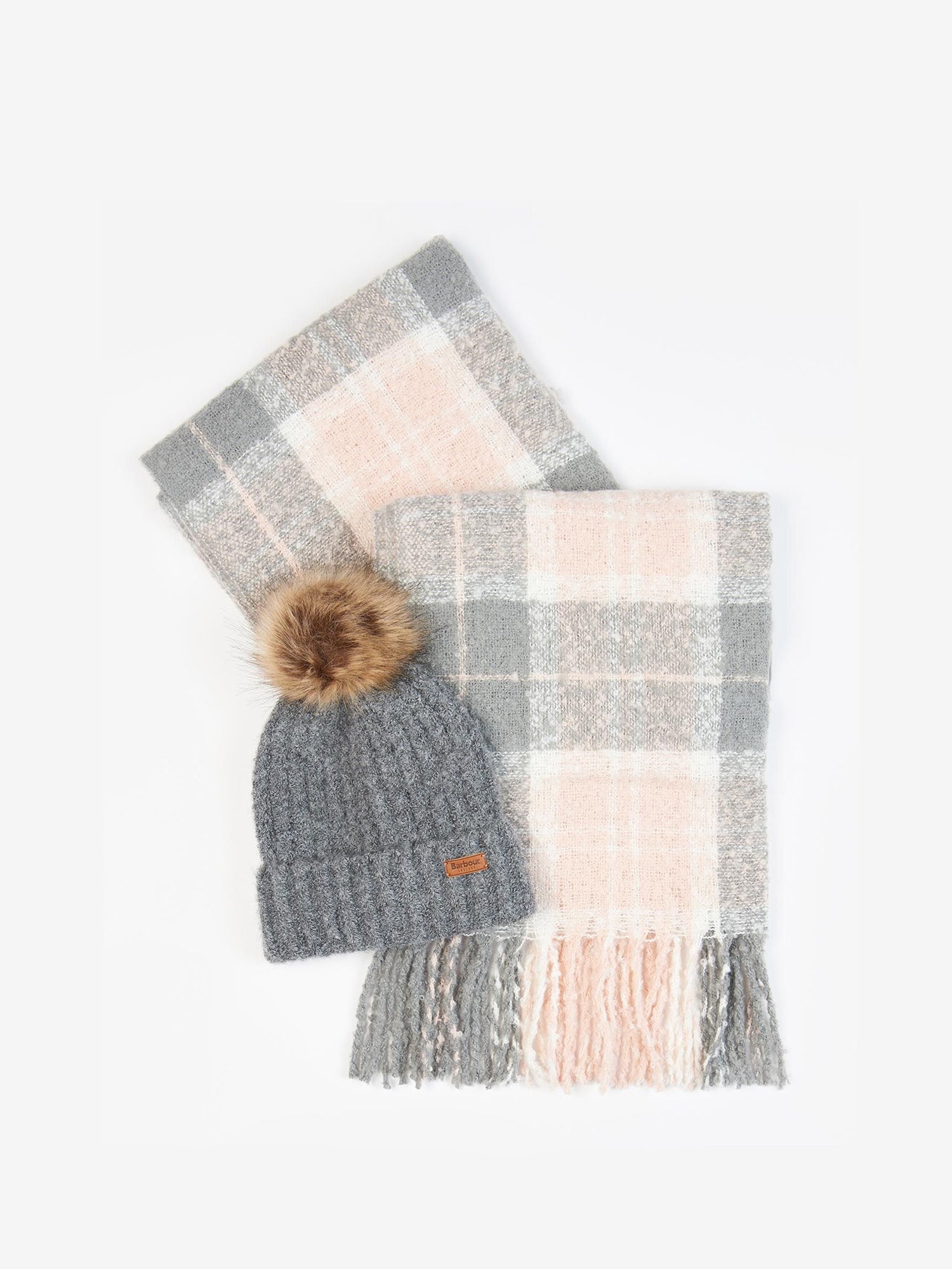 BARBOUR SET SCIARPA E CAPPELLO SALTBURN IN TARTAN GRIGIO - ROSA