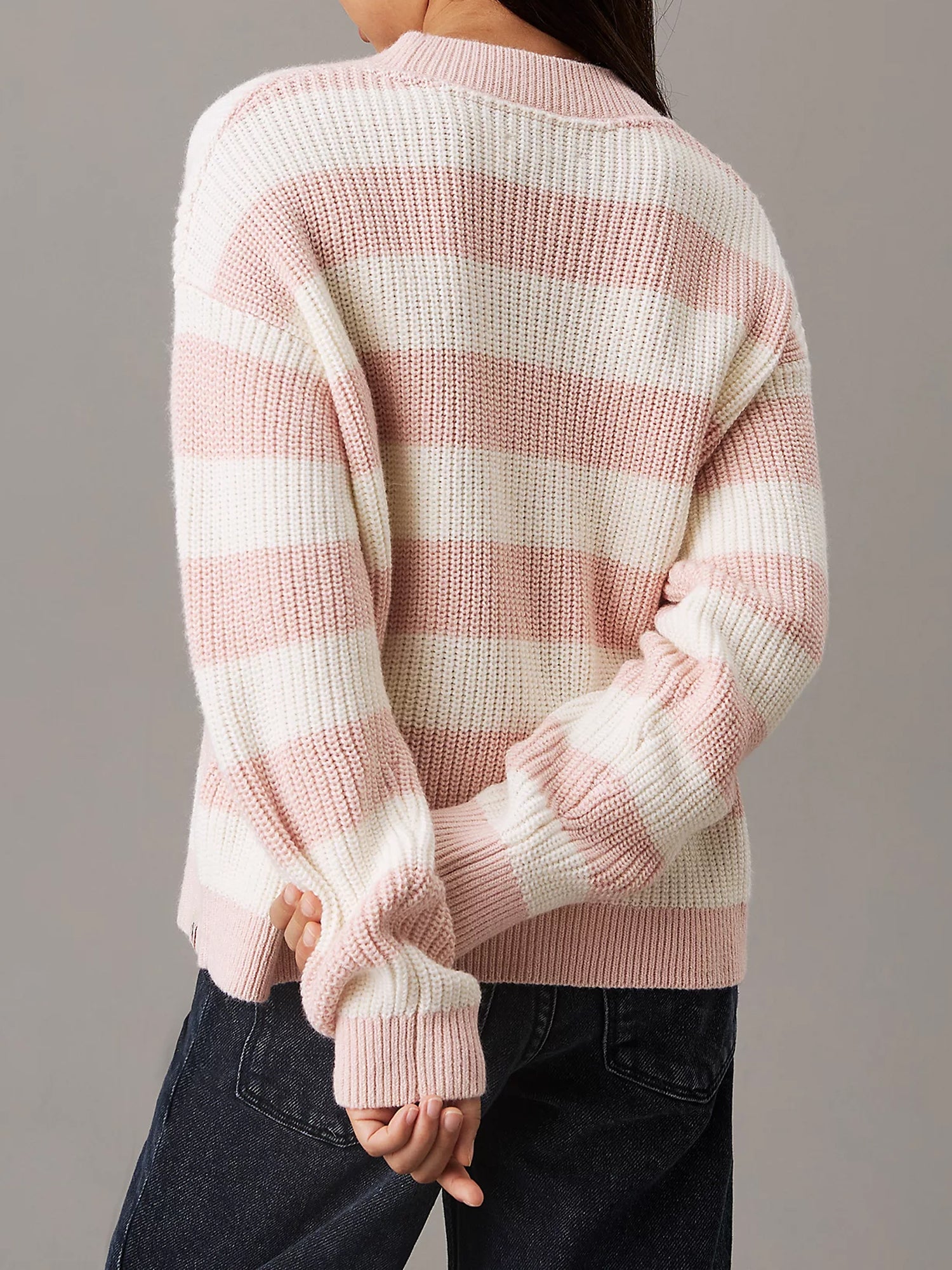 CALVIN KLEIN KIDS MAGLIONE GIROCOLLO A RIGHE ROSA PESCO-BIANCO