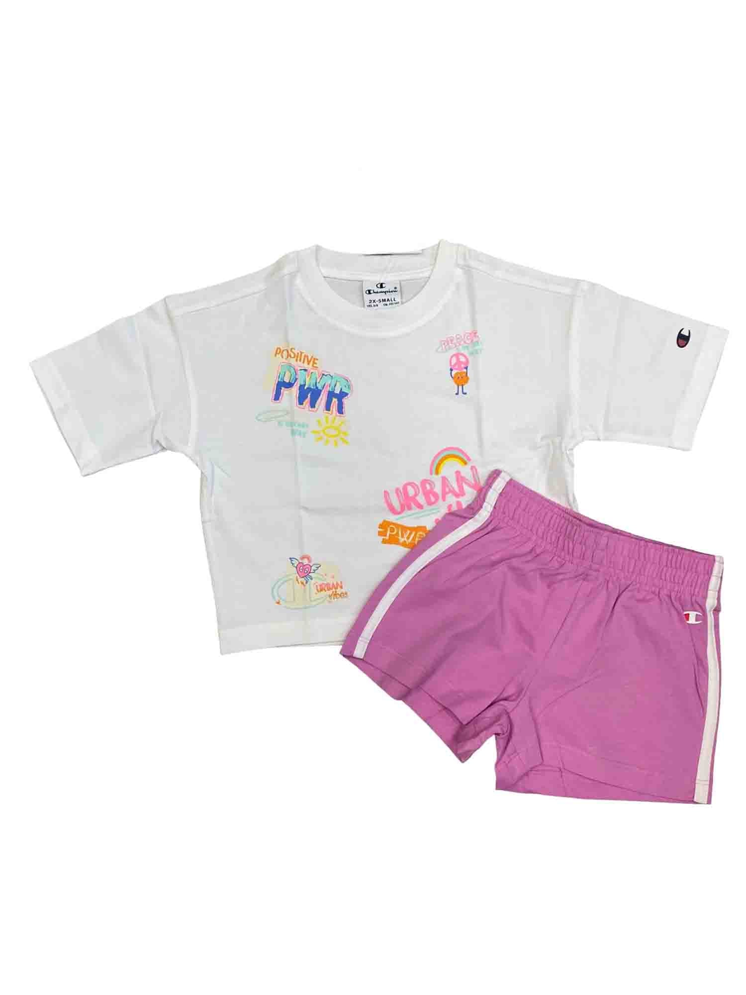 CHAMPION COMPLETO T-SHIRT+PANTALONCINO BIANCO-FUCSIA