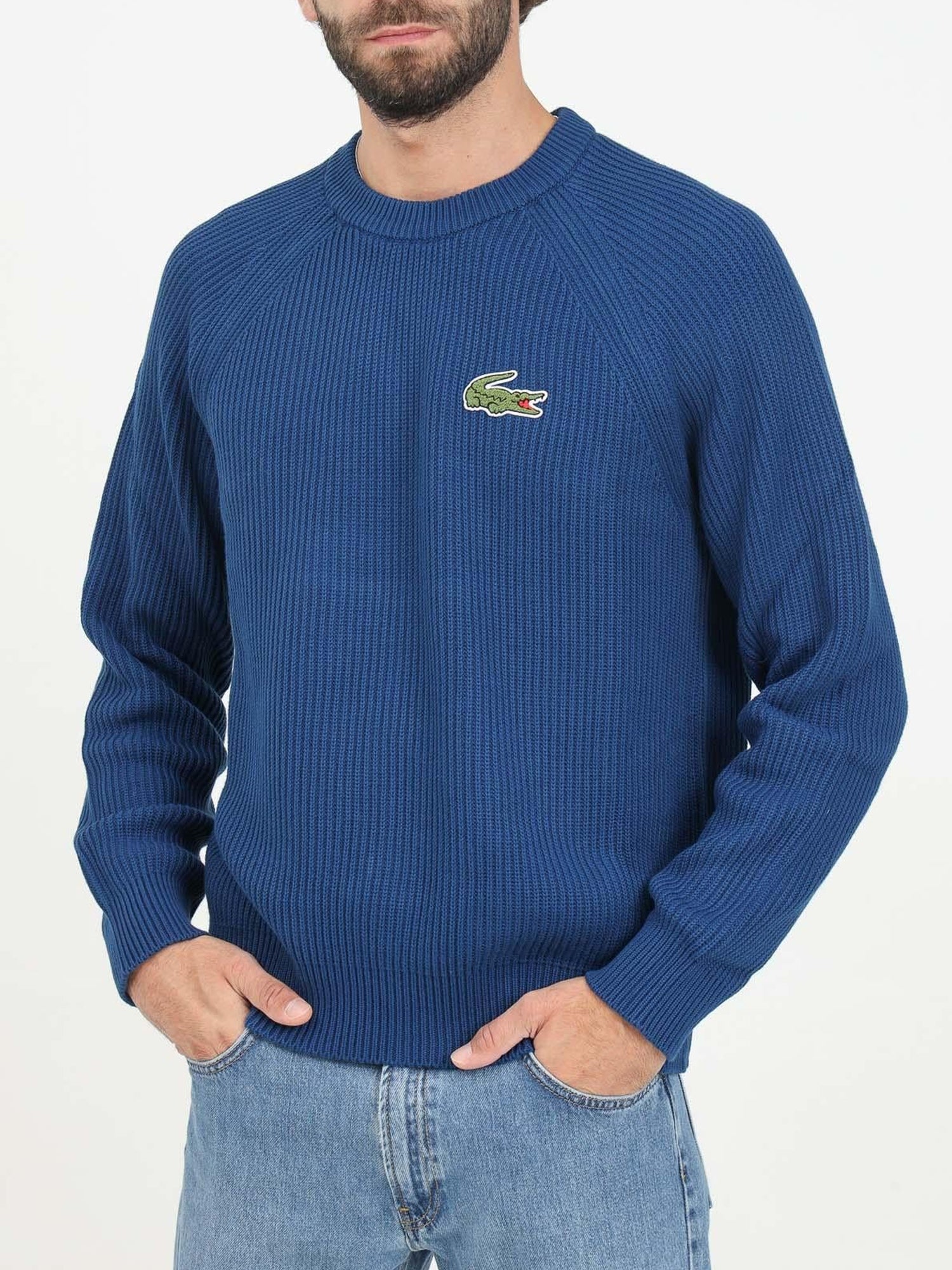 LACOSTE MAGLIONE GIROCOLLO IN COTONE A COSTINE BLU - AZZURRO