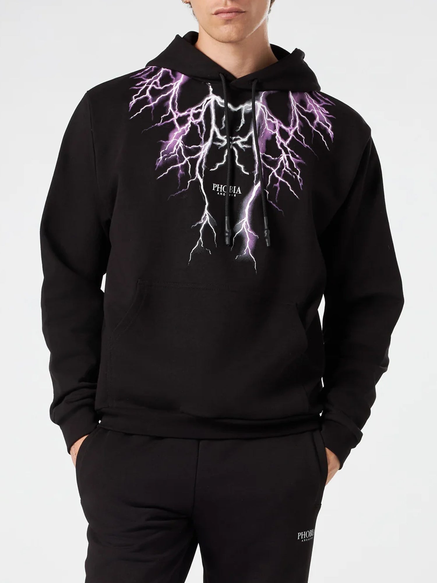 PHOBIA FELPA CON CAPPUCCIO PURPLE AND GREY LIGHTNING PRINT NERO