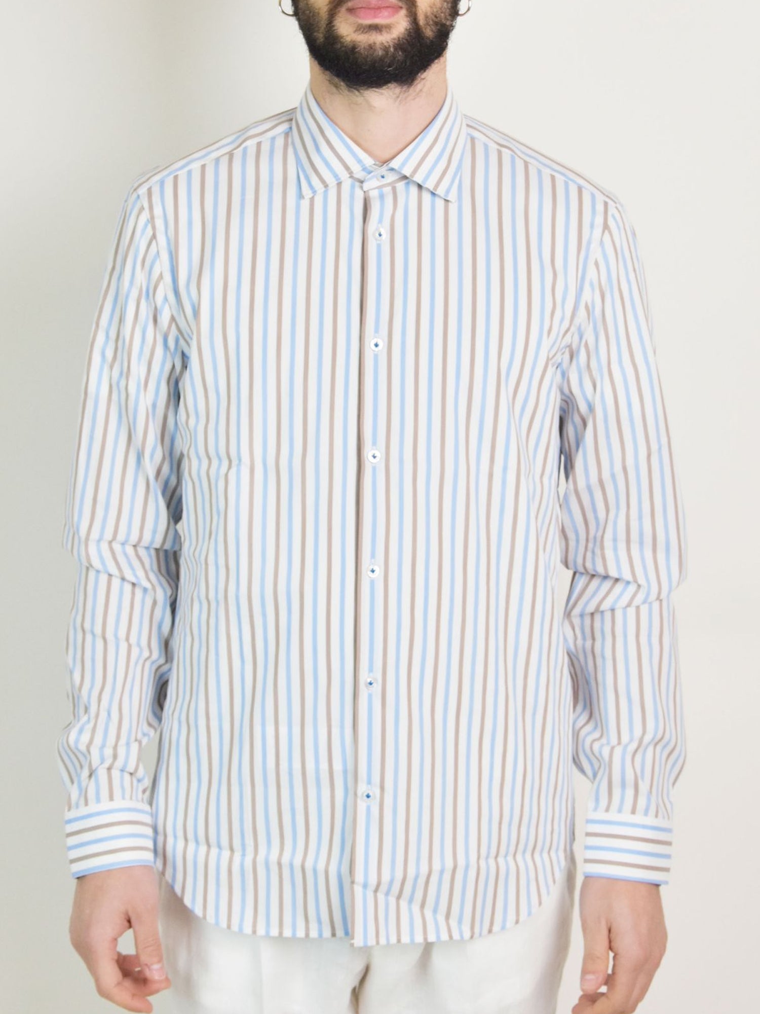 MANUEL RITZ CAMICIA A RIGHE BEIGE-BLU-BIANCO