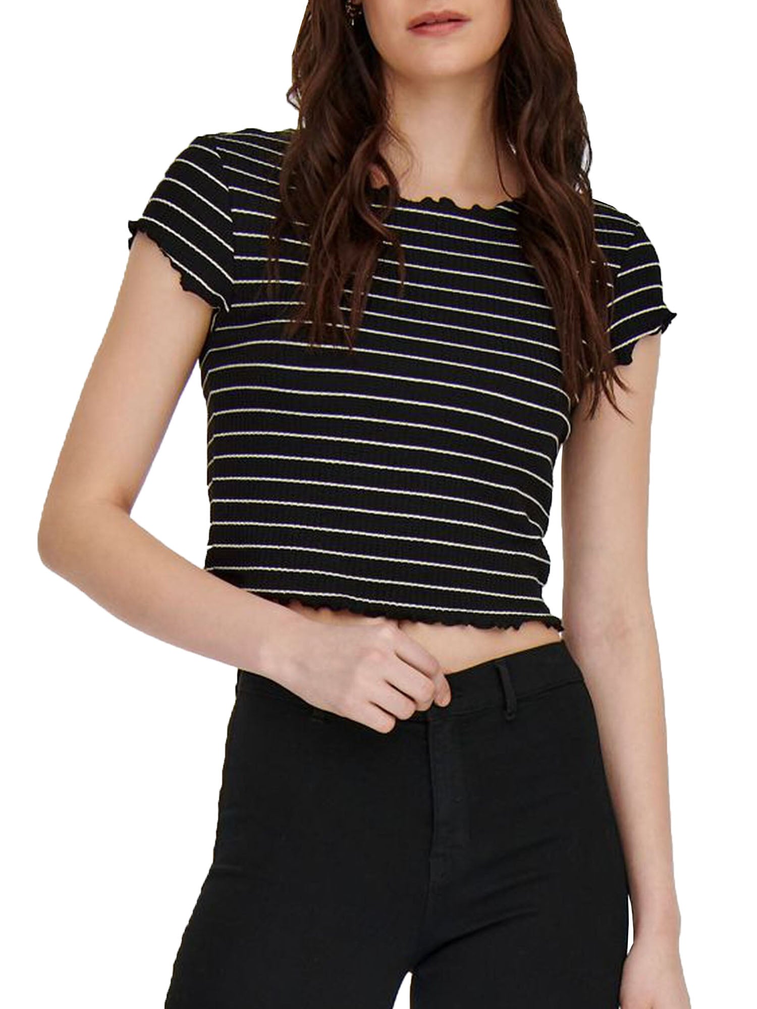 ONLY T-SHIRT CROPPED ANITS A RIGHE NERO - BIANCO