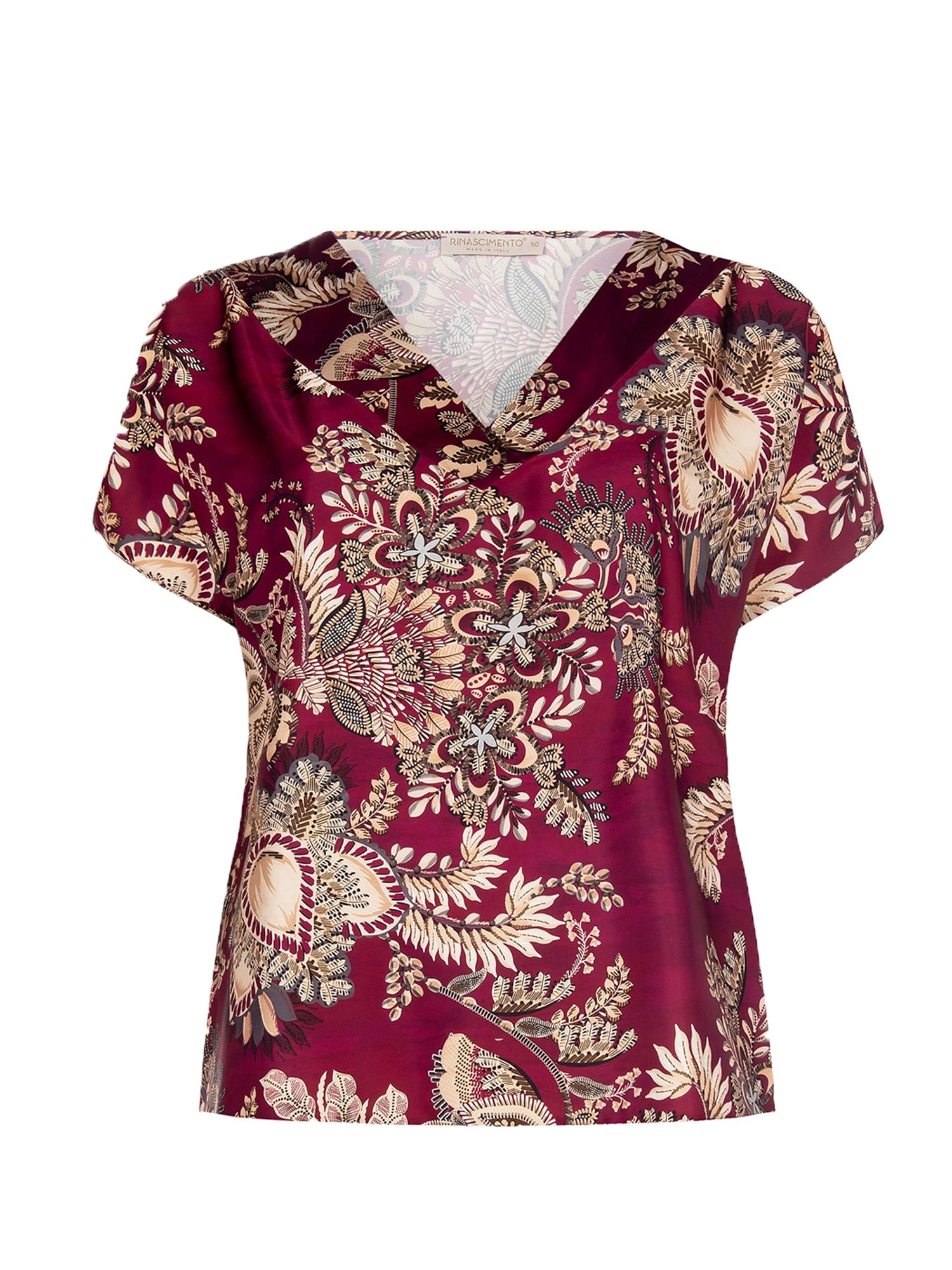 RINASCIMENTO CURVY T-SHIRT CON FANTASIA FIORI BORDEAUX ROSSO - BEIGE