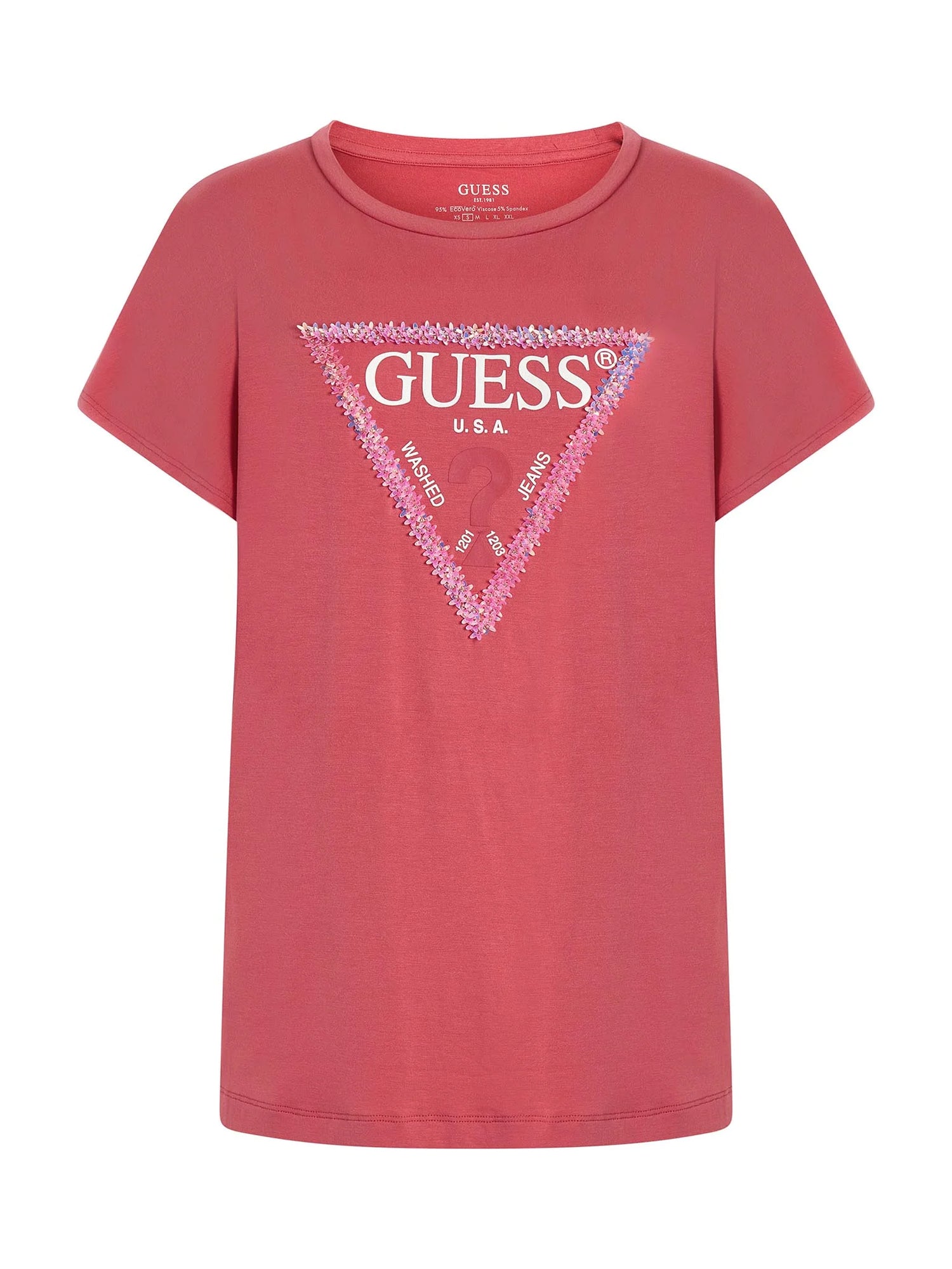GUESS JEANS T-SHIRT MANICA CORTA FLOWERS TRIANGLE ROSA