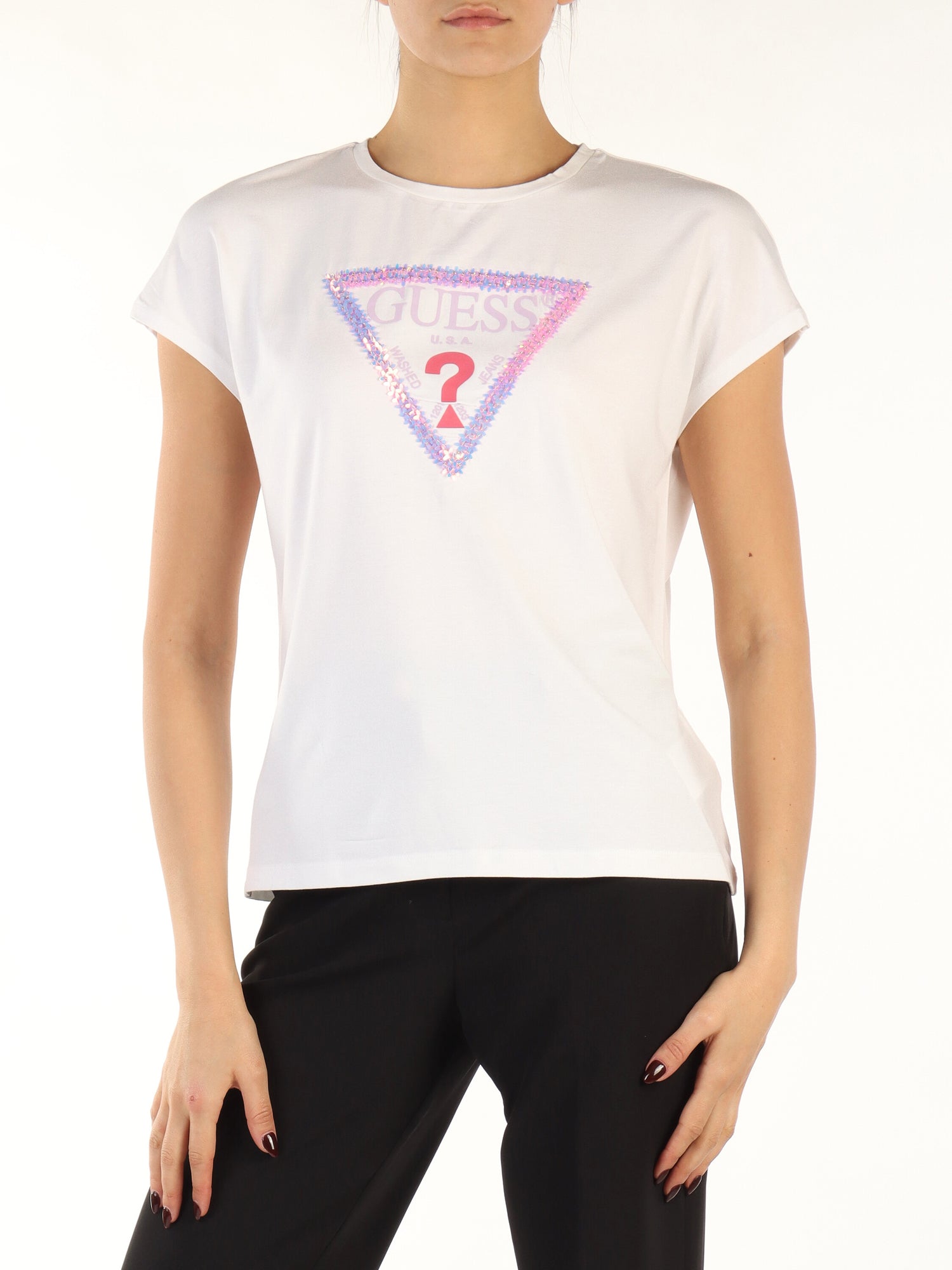 GUESS JEANS T-SHIRT MANICA CORTA FLOWERS TRIANGLE BIANCO