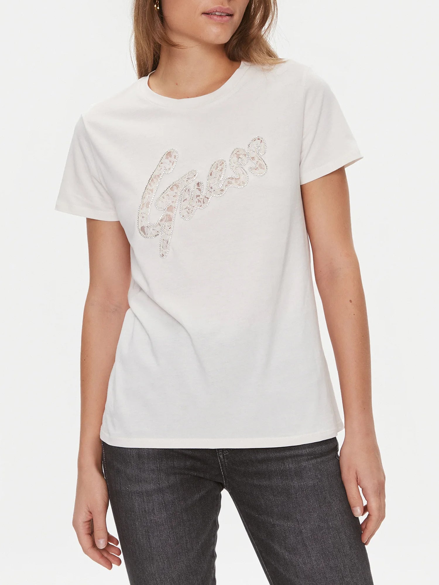 GUESS JEANS T-SHIRT LACE LOGO EASY BIANCO