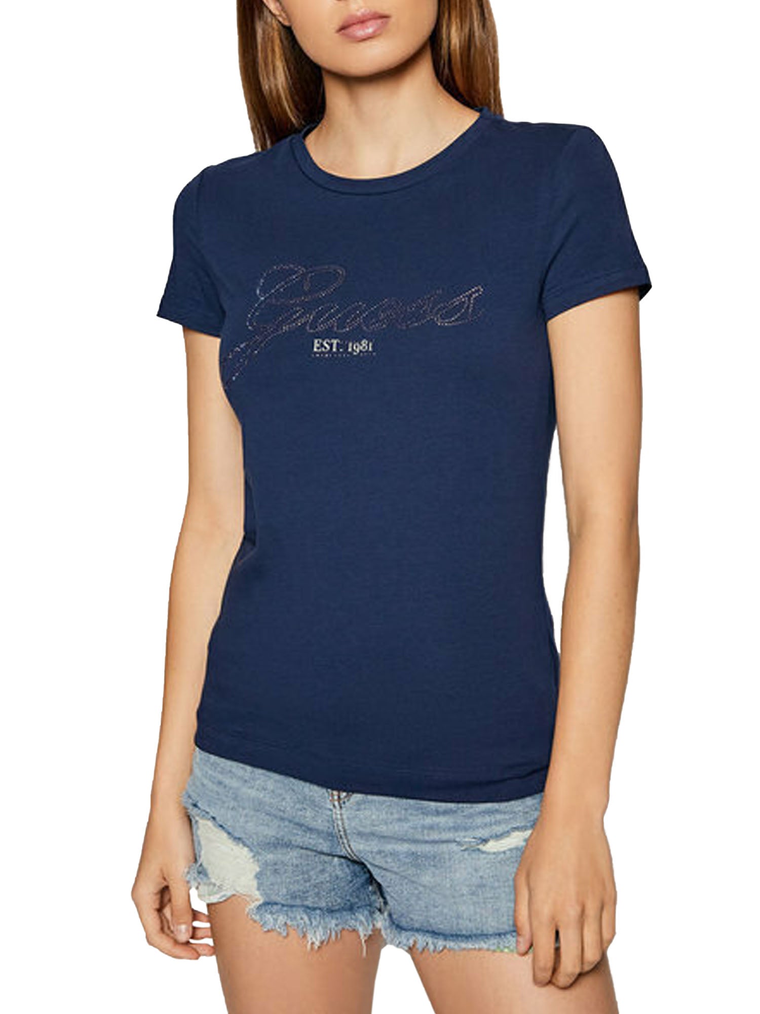 GUESS T-SHIRT LOGO STRASS BLU