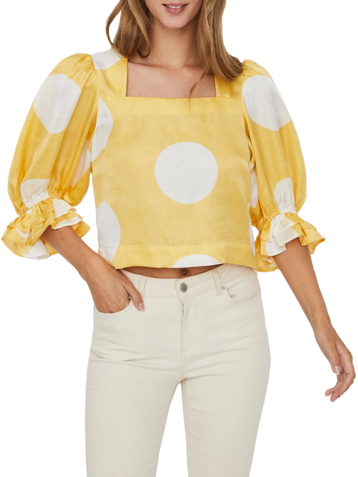 VERO MODA BLUSA A POIS MANICHE A SBUFFO GIALLO