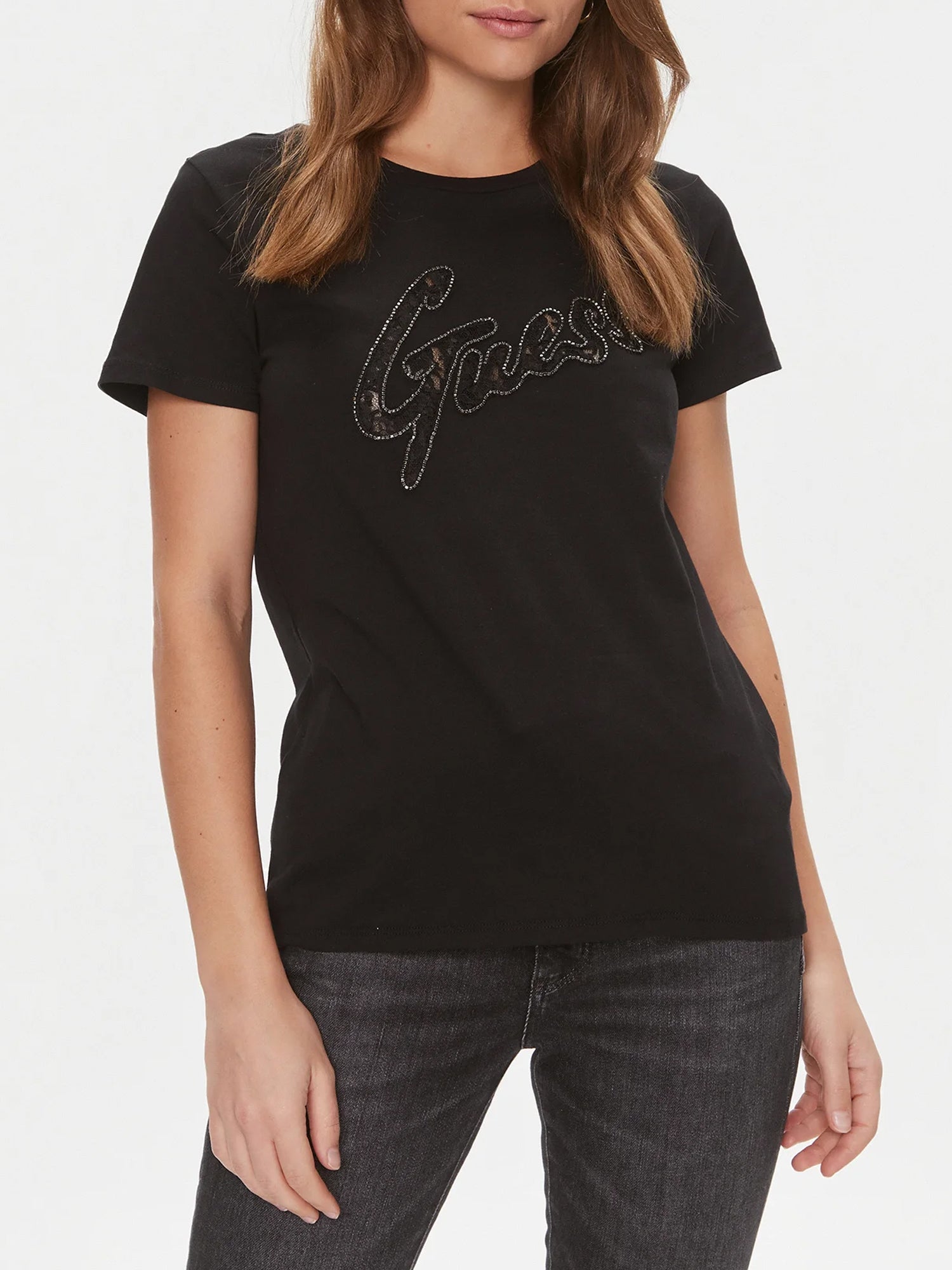 GUESS JEANS T-SHIRT LACE LOGO EASY NERO